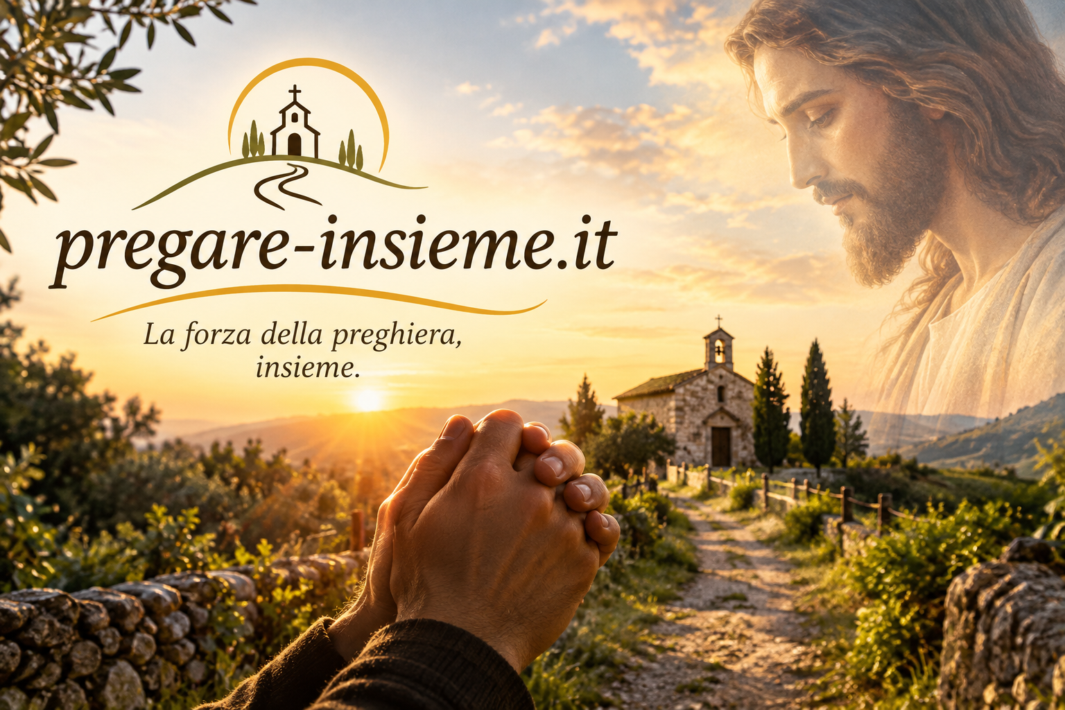 Mani in preghiera al tramonto davanti a una piccola chiesa di campagna